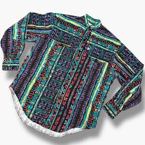 Vtg 90s Tribal Shirt, Vintage Pattern Button Down, Surf Skate Shirt, Southwest M
